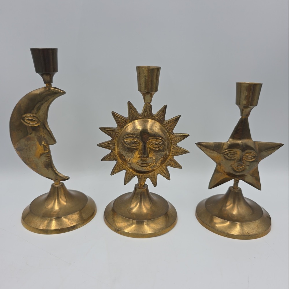 Trio Vintage Celestial Brass Candlesticks Sun Moon Star